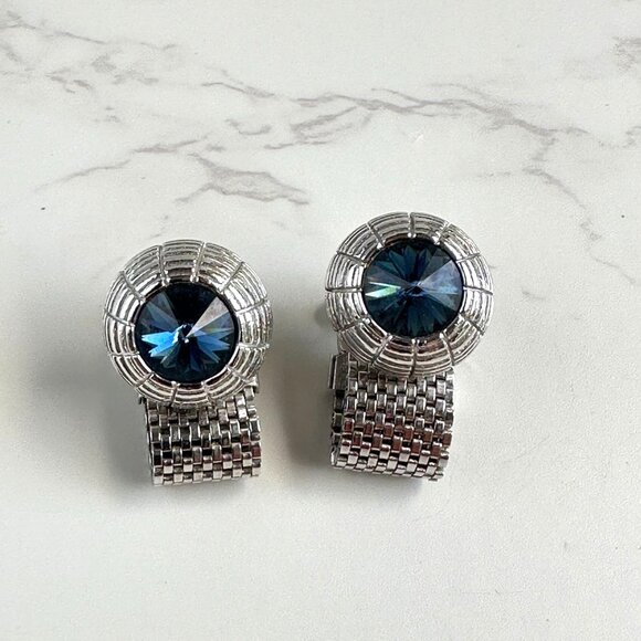 Silver Mesh Blue Cufflinks - Picture 5 of 9